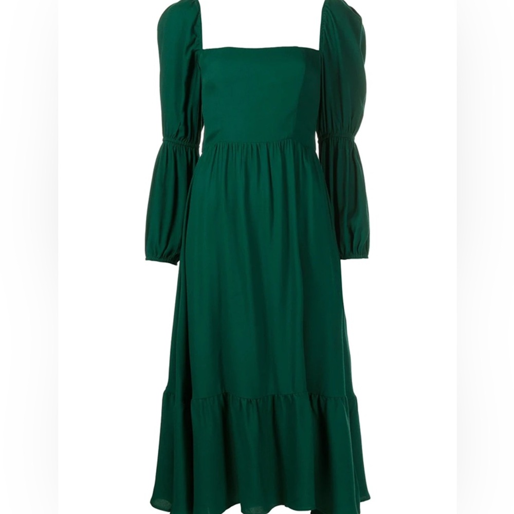 New Reformation Mica Puff Long Sleeve Emerald Green Midi Dress Sz 8 Square Neck - Picture 3 of 11